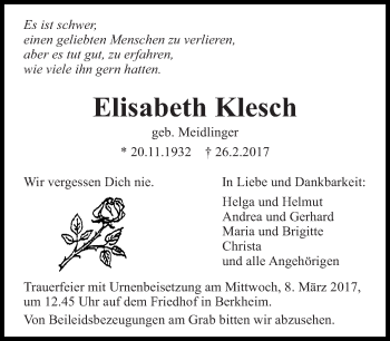 Traueranzeige von Elisabeth Klesch von Eßlinger Zeitung/Cannstatter Zeitung