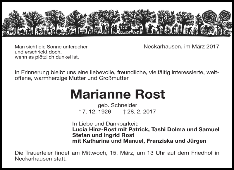  Traueranzeige für Marianne Rost vom 11.03.2017 aus Eßlinger Zeitung/Cannstatter Zeitung