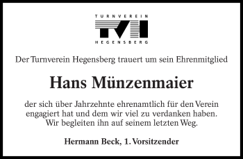 Traueranzeige von Hans Münzenmaier von Eßlinger Zeitung/Cannstatter Zeitung