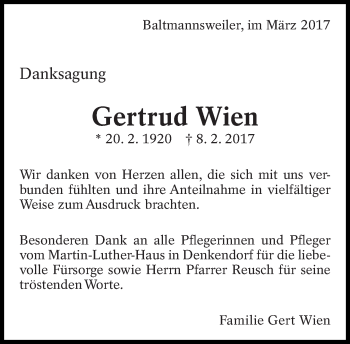 Traueranzeige von Gertrud Wien von Eßlinger Zeitung/Cannstatter Zeitung