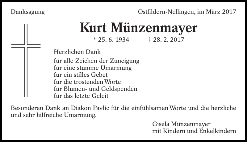  Traueranzeige für Kurt Münzenmayer vom 08.03.2017 aus Eßlinger Zeitung/Cannstatter Zeitung