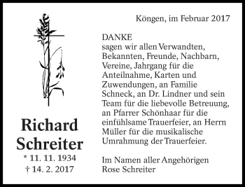 Traueranzeige von Richard Schreiter von Eßlinger Zeitung/Cannstatter Zeitung