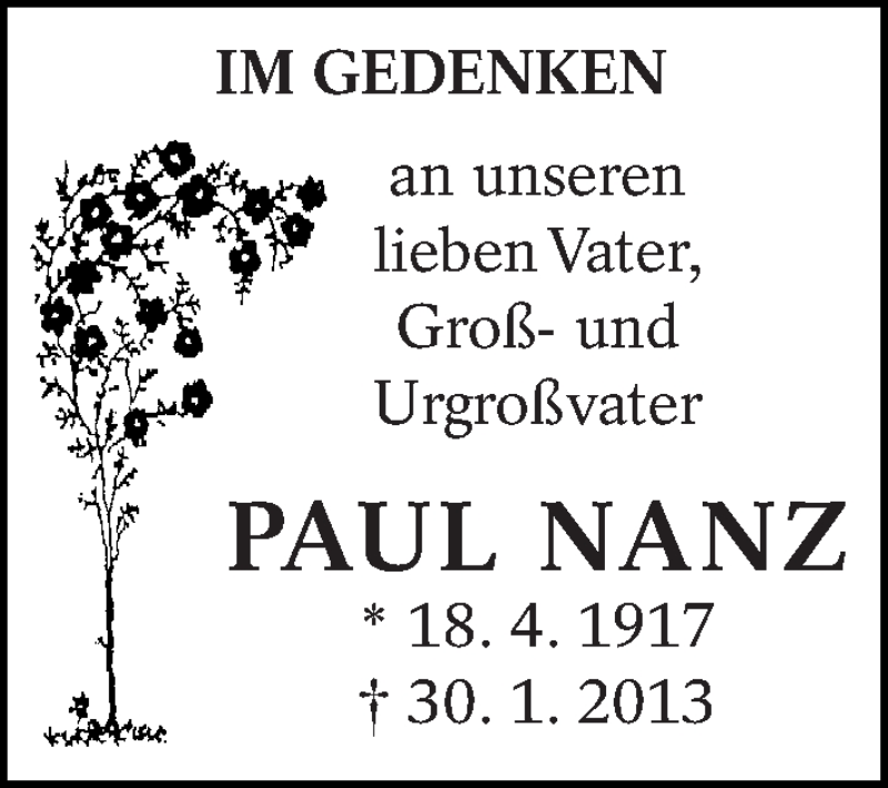  Traueranzeige für Paul Nanz vom 18.04.2017 aus Eßlinger Zeitung/Cannstatter Zeitung