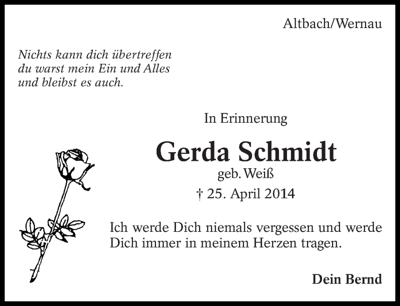  Traueranzeige für Gerda Schmidt vom 25.04.2017 aus Eßlinger Zeitung/Cannstatter Zeitung