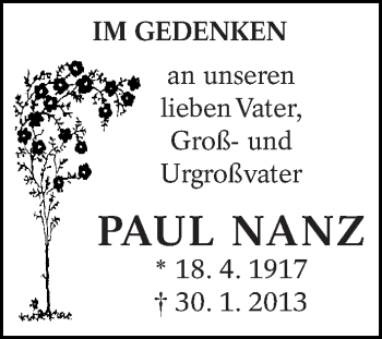 Traueranzeige von Paul Nanz von Eßlinger Zeitung/Cannstatter Zeitung