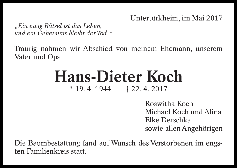  Traueranzeige für Hans-Dieter Koch vom 09.05.2017 aus Eßlinger Zeitung/Cannstatter Zeitung