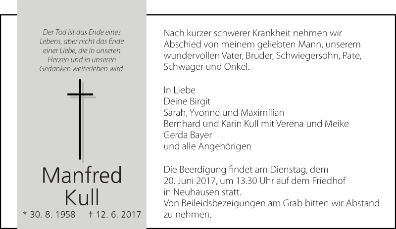  Traueranzeige für Manfred Kull vom 17.06.2017 aus Eßlinger Zeitung/Cannstatter Zeitung