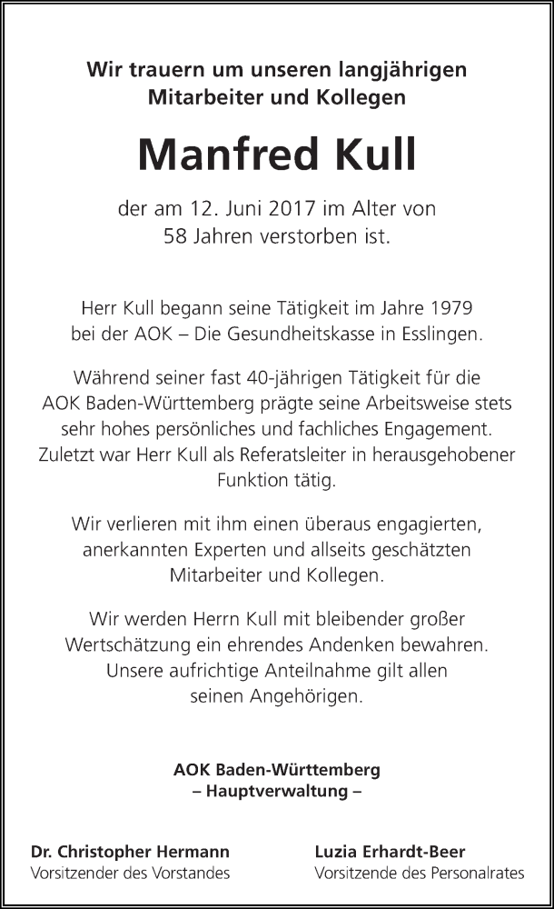  Traueranzeige für Manfred Kull vom 20.06.2017 aus Eßlinger Zeitung/Cannstatter Zeitung