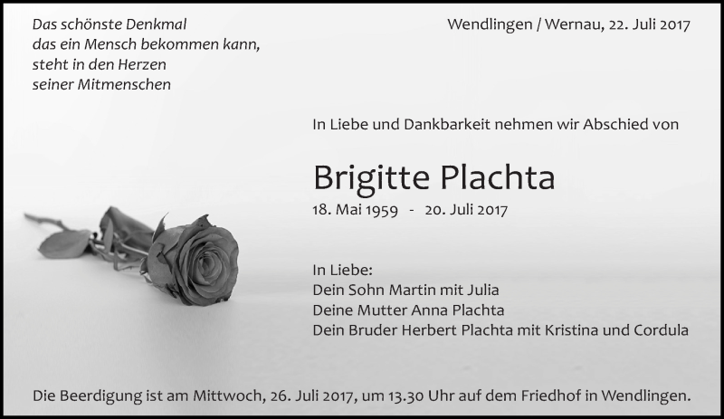  Traueranzeige für Brigitte Plachta vom 22.07.2017 aus Eßlinger Zeitung/Cannstatter Zeitung