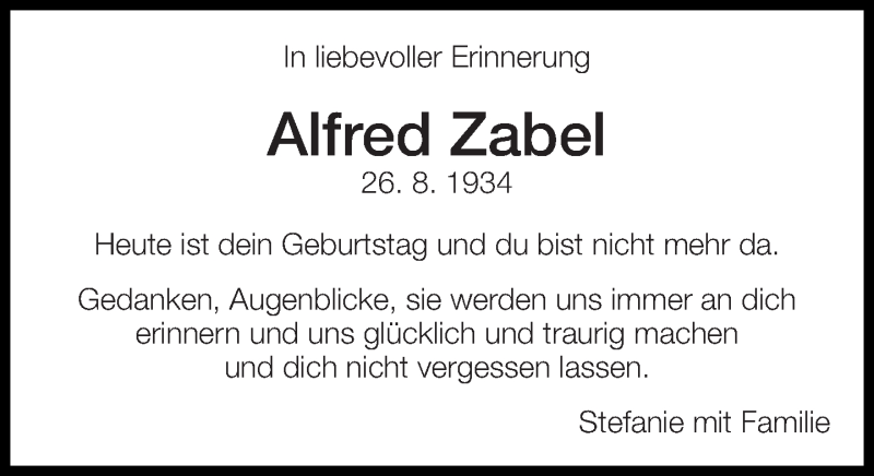  Traueranzeige für Alfred Zabel vom 26.08.2017 aus Eßlinger Zeitung/Cannstatter Zeitung