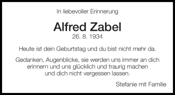 Traueranzeige von Alfred Zabel von Eßlinger Zeitung/Cannstatter Zeitung