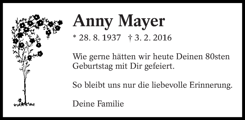  Traueranzeige für Anny Mayer vom 28.08.2017 aus Eßlinger Zeitung/Cannstatter Zeitung