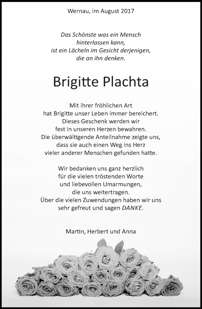  Traueranzeige für Brigitte Plachta vom 02.09.2017 aus Eßlinger Zeitung/Cannstatter Zeitung
