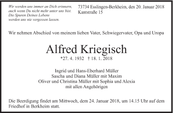 Traueranzeige von Alfred Kriegisch von Eßlinger Zeitung/Cannstatter Zeitung