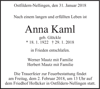 Traueranzeige von Anna Kaml von Eßlinger Zeitung/Cannstatter Zeitung