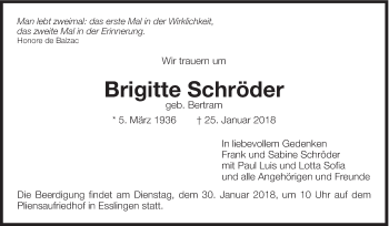 Traueranzeige von Brigitte Schröder von Eßlinger Zeitung/Cannstatter Zeitung
