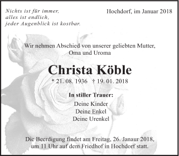 Traueranzeige von Christa Köble von Eßlinger Zeitung/Cannstatter Zeitung