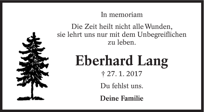  Traueranzeige für Eberhard Lang vom 27.01.2018 aus Eßlinger Zeitung/Cannstatter Zeitung