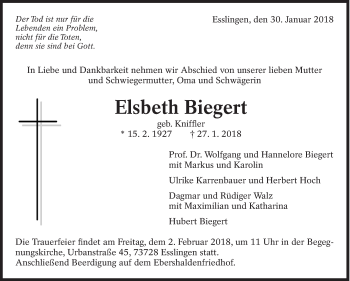 Traueranzeige von Elsbeth Biegert von Eßlinger Zeitung/Cannstatter Zeitung