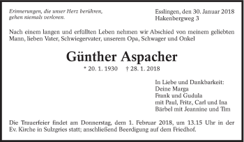 Traueranzeige von Günther Aspacher von Eßlinger Zeitung/Cannstatter Zeitung