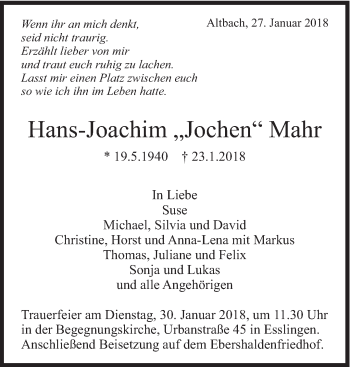 Traueranzeige von Hans-Joachim Mahr von Eßlinger Zeitung/Cannstatter Zeitung