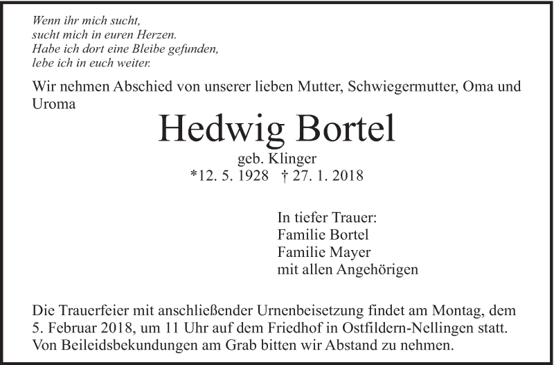  Traueranzeige für Hedwig Bortel vom 30.01.2018 aus Eßlinger Zeitung/Cannstatter Zeitung