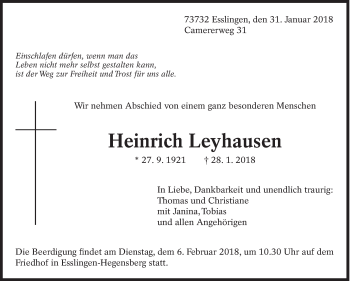 Traueranzeige von Heinrich Leyhausen von Eßlinger Zeitung/Cannstatter Zeitung