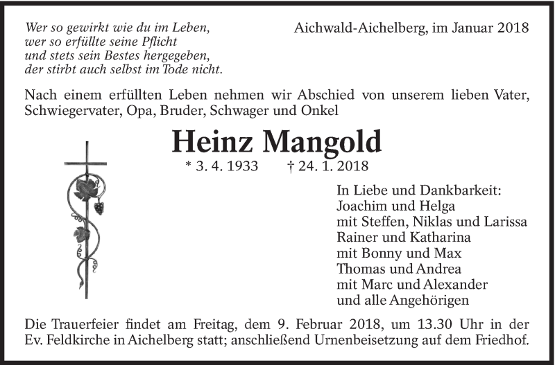  Traueranzeige für Heinz Mangold vom 31.01.2018 aus Eßlinger Zeitung/Cannstatter Zeitung