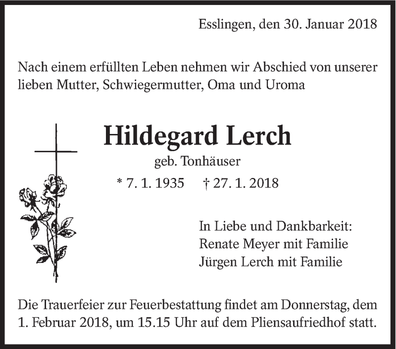  Traueranzeige für Hildegard Lerch vom 30.01.2018 aus Eßlinger Zeitung/Cannstatter Zeitung