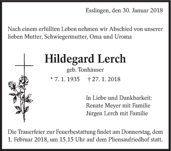 Traueranzeige von Hildegard Lerch von Eßlinger Zeitung/Cannstatter Zeitung