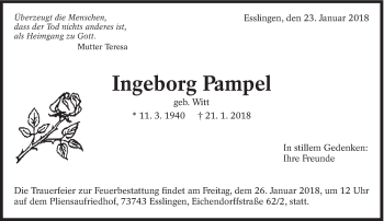Traueranzeige von Ingeborg Pampel von Eßlinger Zeitung/Cannstatter Zeitung