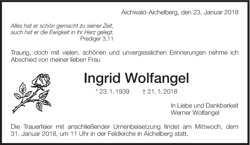  Traueranzeige für Ingrid Wolfangel vom 23.01.2018 aus Eßlinger Zeitung/Cannstatter Zeitung