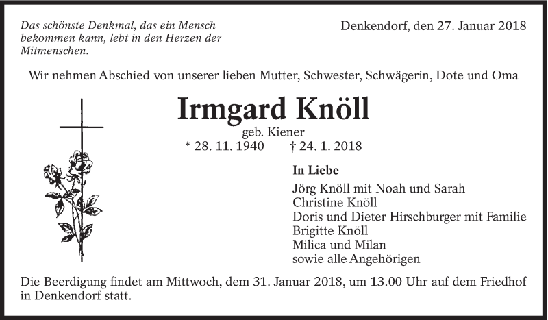  Traueranzeige für Irmgard Knöll vom 27.01.2018 aus Eßlinger Zeitung/Cannstatter Zeitung