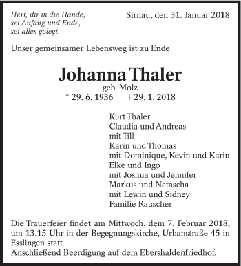 Traueranzeige von Johanna Thaler von Eßlinger Zeitung/Cannstatter Zeitung