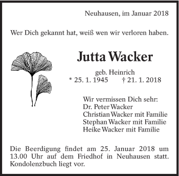 Traueranzeige von Jutta Wacker von Eßlinger Zeitung/Cannstatter Zeitung
