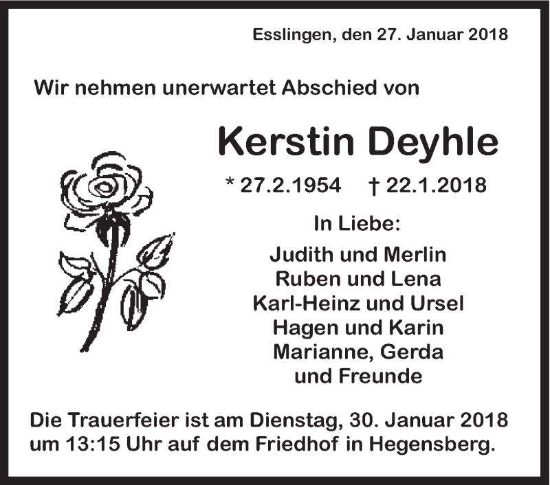  Traueranzeige für Kerstin Deyhle vom 27.01.2018 aus Eßlinger Zeitung/Cannstatter Zeitung