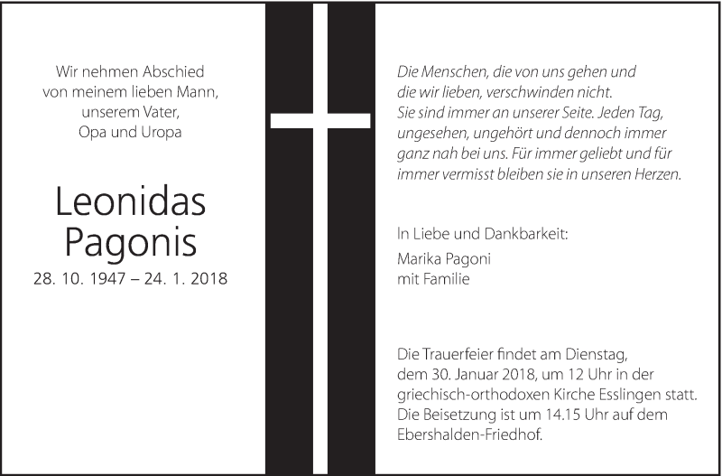  Traueranzeige für Leonidas Pagoni vom 27.01.2018 aus Eßlinger Zeitung/Cannstatter Zeitung