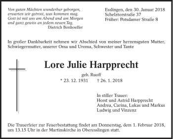 Traueranzeige von Lore Julie Harpprecht von Eßlinger Zeitung/Cannstatter Zeitung