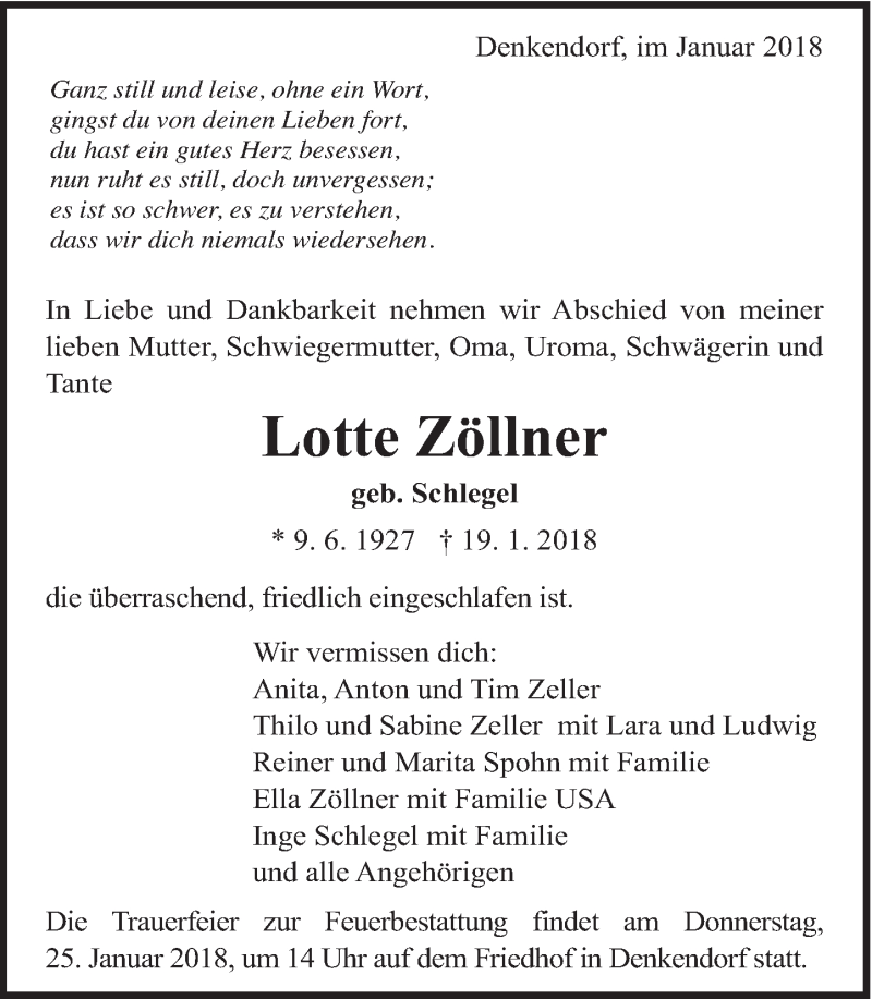  Traueranzeige für Lotte Zöllner vom 23.01.2018 aus Eßlinger Zeitung/Cannstatter Zeitung
