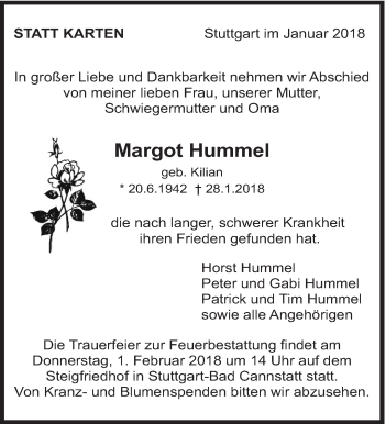 Traueranzeige von Margot Hummel von Eßlinger Zeitung/Cannstatter Zeitung