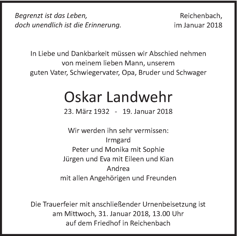  Traueranzeige für Oskar Landwehr vom 27.01.2018 aus Eßlinger Zeitung/Cannstatter Zeitung