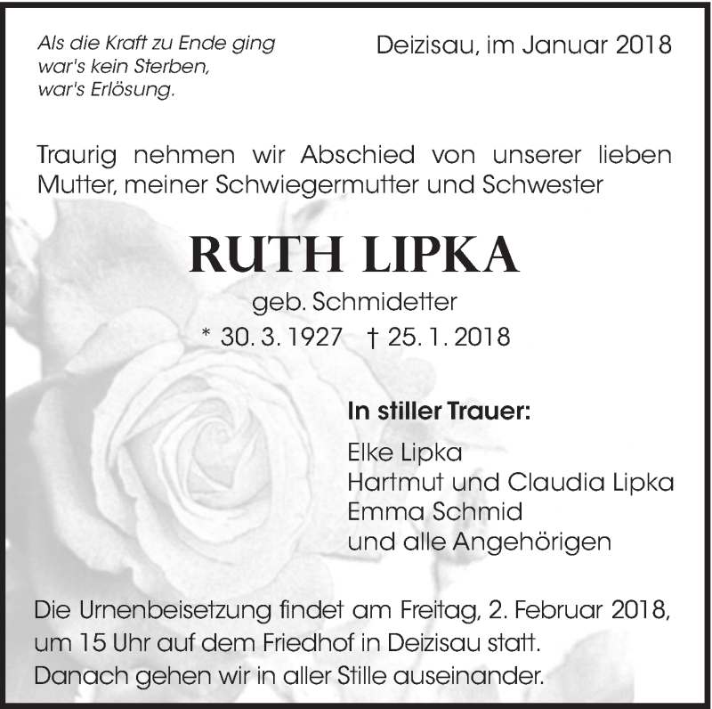  Traueranzeige für Ruth Lipka vom 29.01.2018 aus Eßlinger Zeitung/Cannstatter Zeitung