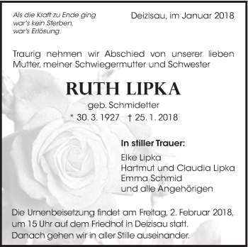 Traueranzeige von Ruth Lipka von Eßlinger Zeitung/Cannstatter Zeitung