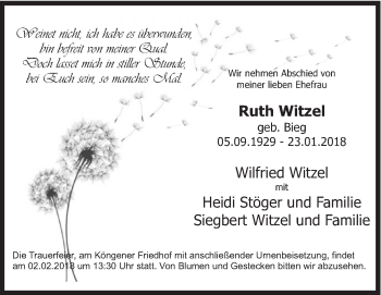 Traueranzeige von Ruth Witzel von Eßlinger Zeitung/Cannstatter Zeitung