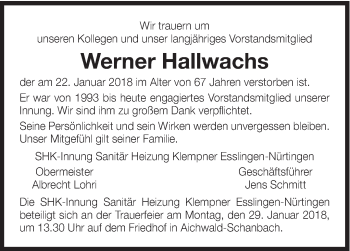 Traueranzeige von Werner Hallwachs von Eßlinger Zeitung/Cannstatter Zeitung