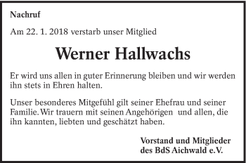 Traueranzeige von Werner Hallwachs von Eßlinger Zeitung/Cannstatter Zeitung