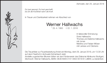Traueranzeige von Werner Hallwachs von Eßlinger Zeitung/Cannstatter Zeitung