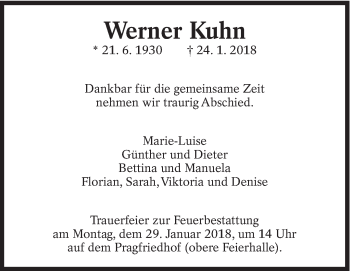 Traueranzeige von Werner Kuhn von Eßlinger Zeitung/Cannstatter Zeitung