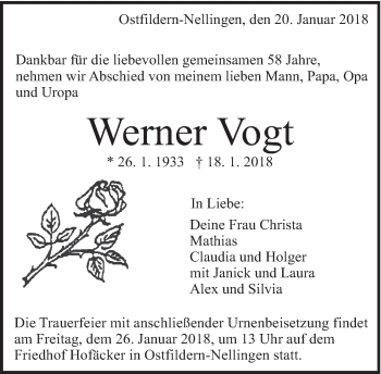 Traueranzeige von Werner Vogt von Eßlinger Zeitung/Cannstatter Zeitung