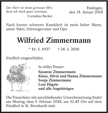 Traueranzeige von Wilfried Zimmermann von Eßlinger Zeitung/Cannstatter Zeitung